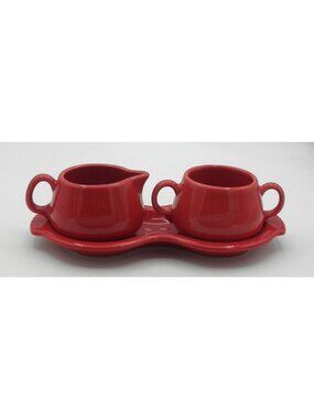 Homer Laughlin Fiesta Ware Scarlet Creamer Open Sugar with Tray 3 Piece Set